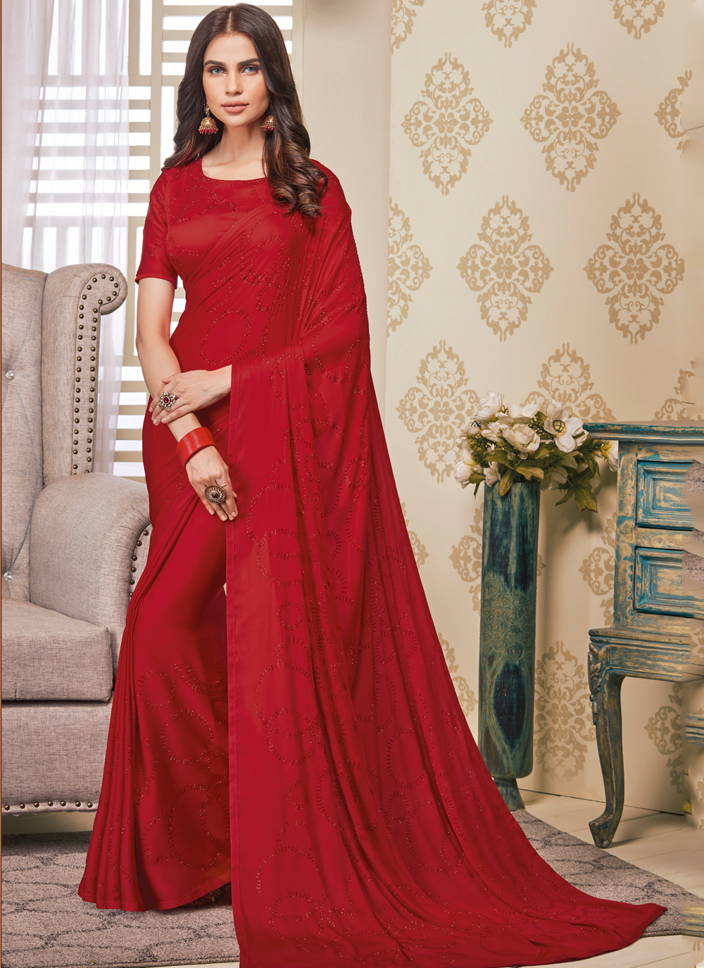 Reeta Fashion Gorgeous Dark Red Georgette Plain with printed ruffles Saree  with Unstitched Blouse | Reeta Fashion