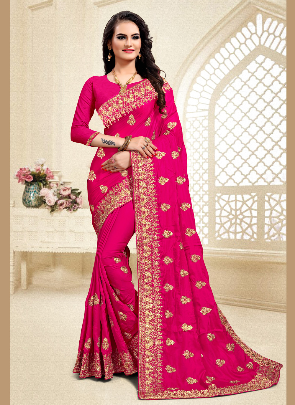 Buy Online Satin Silk Designer Saree In Pink 159886 Wedding Sarees