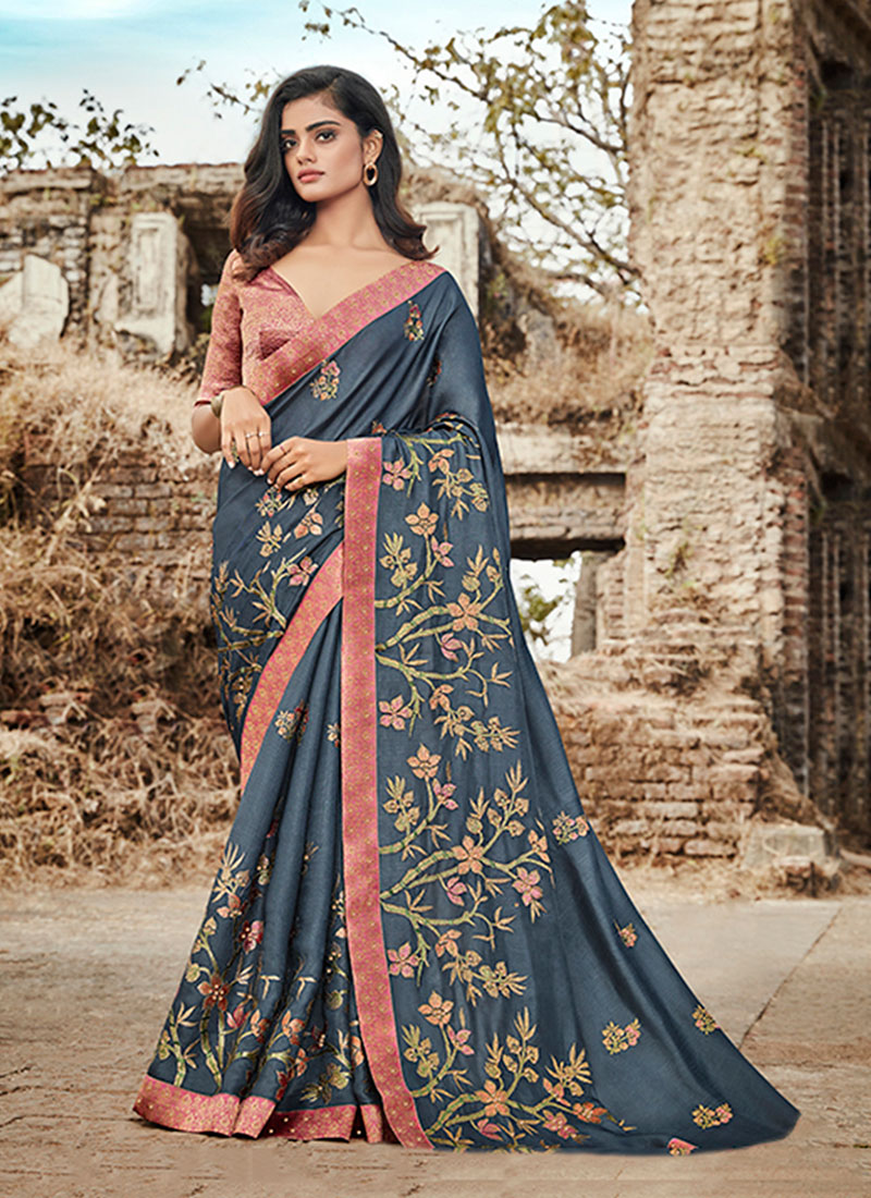Buy Satin Silk Embroidered Trendy Saree Online 