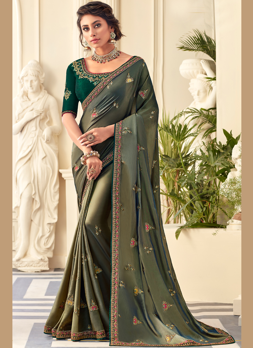 Buy Silk Embroidered Green Classic Saree Online 165827 Saree