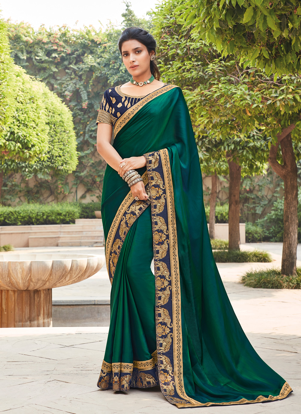 Dark Green Designer Chiffon Sarees for Wedding