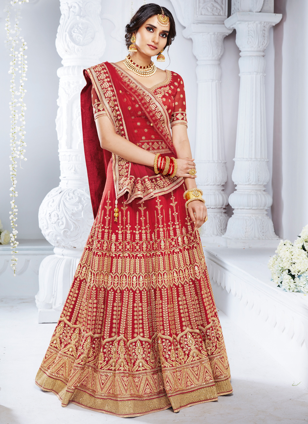 Wedding Maroon And Orange Net And Faux Silk Lehenga With Bhagalpuri Silk  Choli - Dmv10551