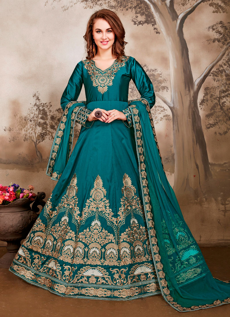 Tafeta Silk Teal Resham Anarkali Salwar Kameez buy online