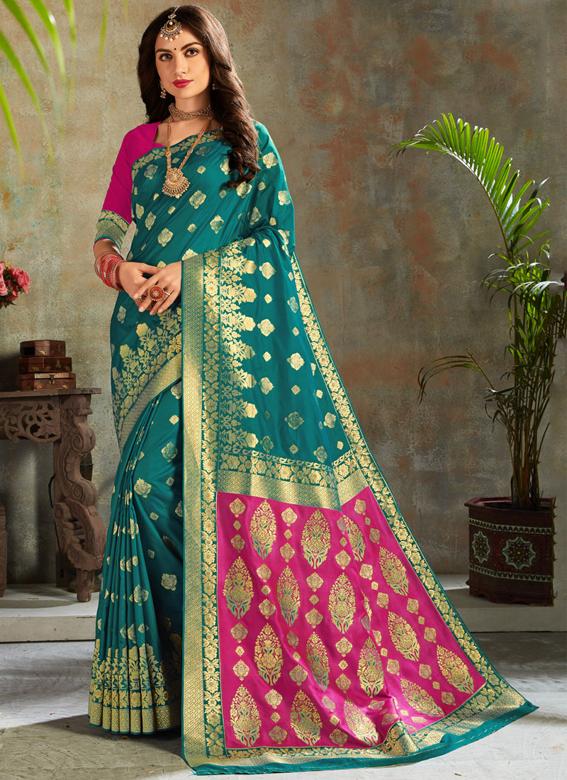 Buy Teal Festival Silk Saree Online