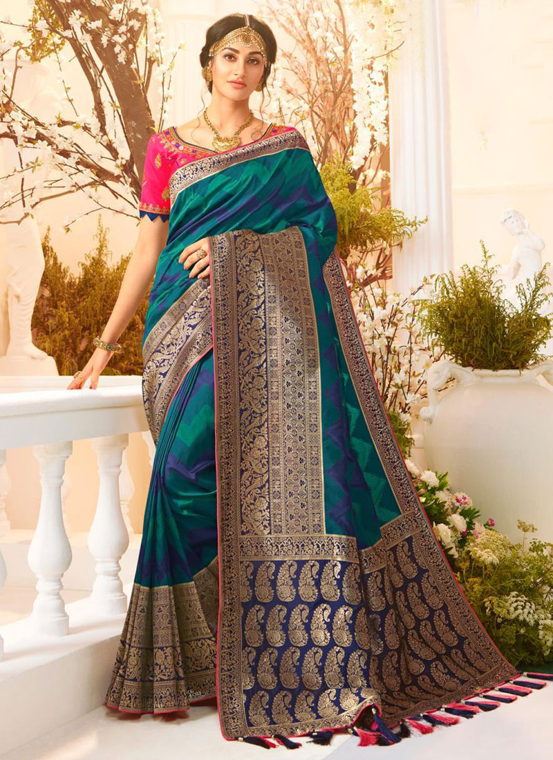 Buy Teal Weaving Banarasi Silk Trendy Saree Online - Designer Sarees