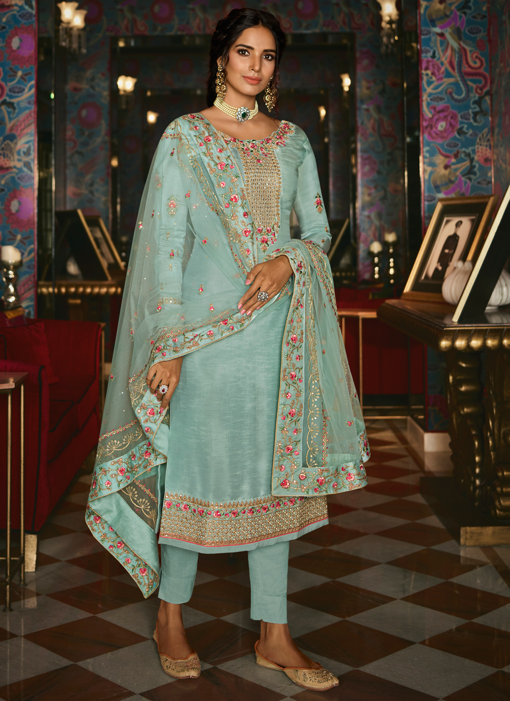 Shop Tussar Silk Turquoise Zari Designer Pakistani Suit Online : 162292