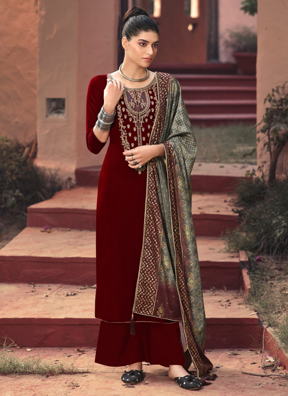 Velvet brown embroidered palazzo salwar suit buy online  designer salwar Velvet brown embroidered palazzo salwar suit buy online  designer salwar
