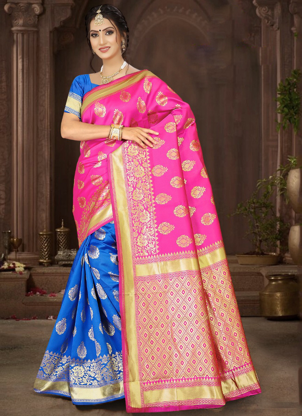 Shop Royal Kanjivaram Silk Ruby Pink Bridal Saree Online India USA – Sunasa