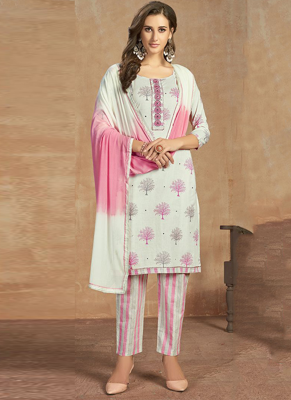 Buy White Cotton Thread Work Salwar Kameez Online