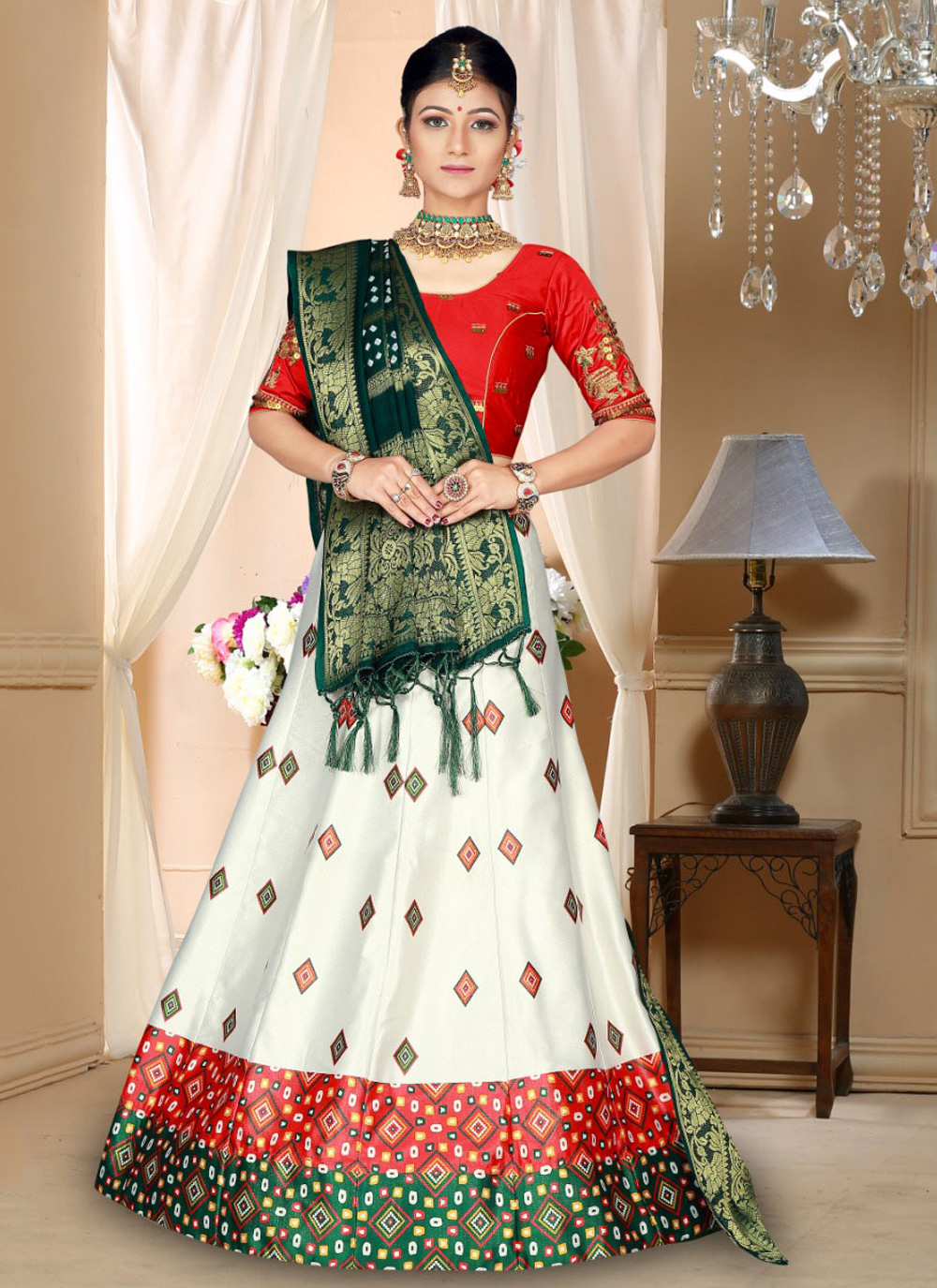 Ethnic Empire Green Blouse And Off White Lehenga Choli With Can Can