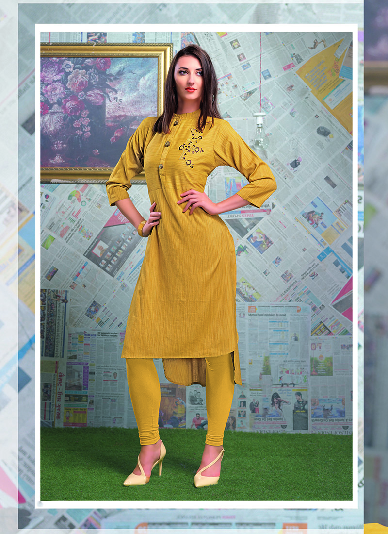 yellow mehndi party wear kurti 141253