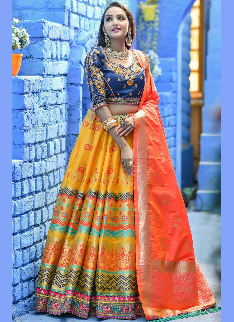 Buy Online Yellow Sangeet Art Banarasi Silk Lehenga Choli 155213