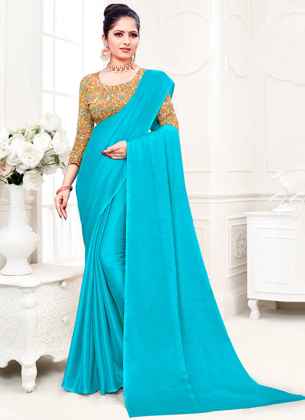 Aqua Blue Silk Zari Weaved South Indian Style Saree|SARV155598