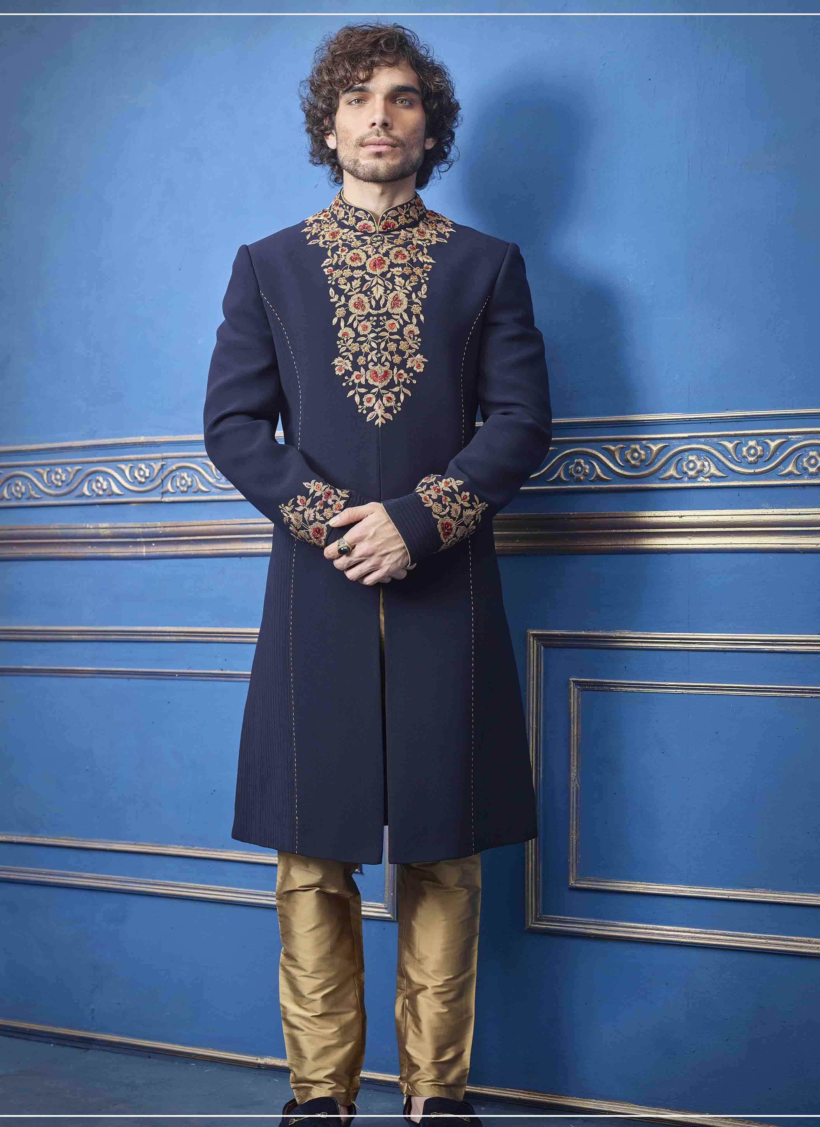 Navy Blue Velvet Jacket Style Sherwani 264732