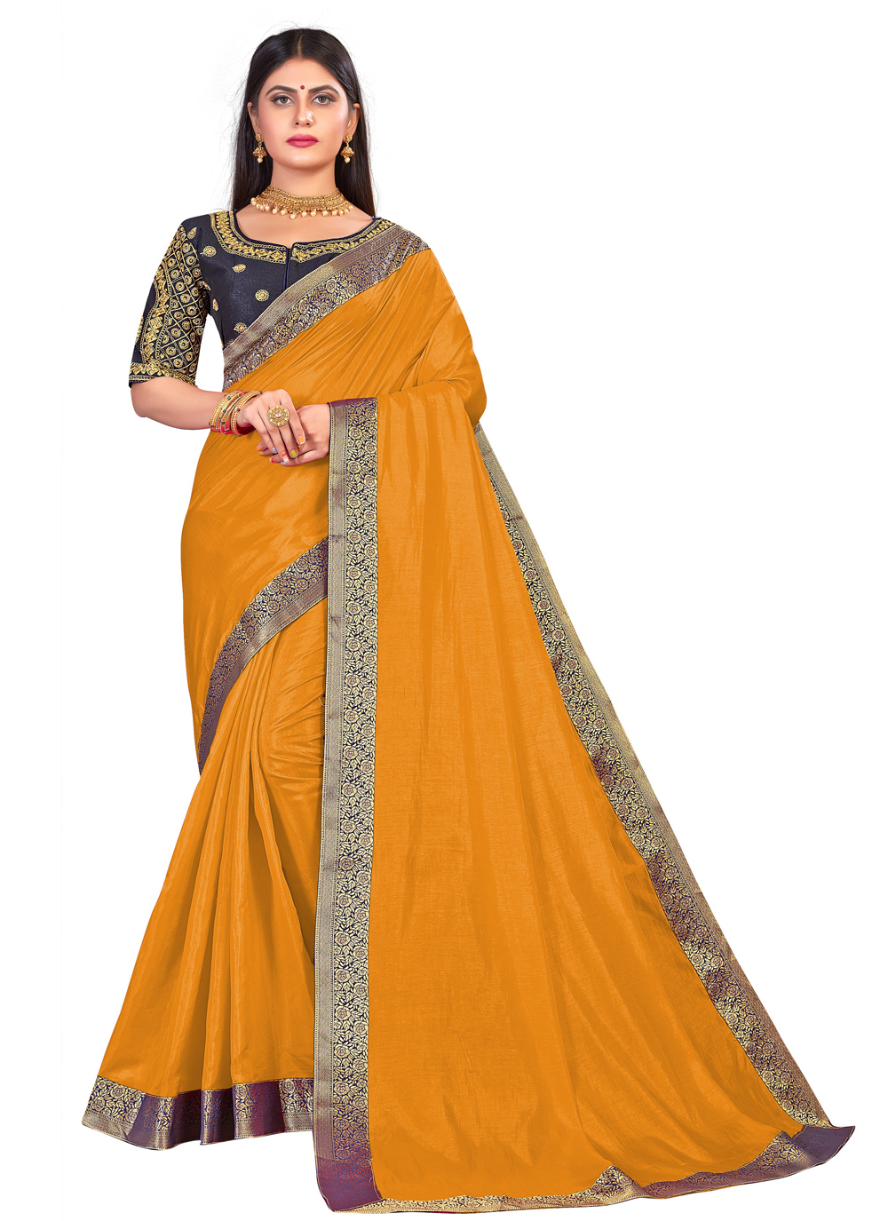 Shop Online Art Silk Embroidered Traditional Designer Saree in Mustard