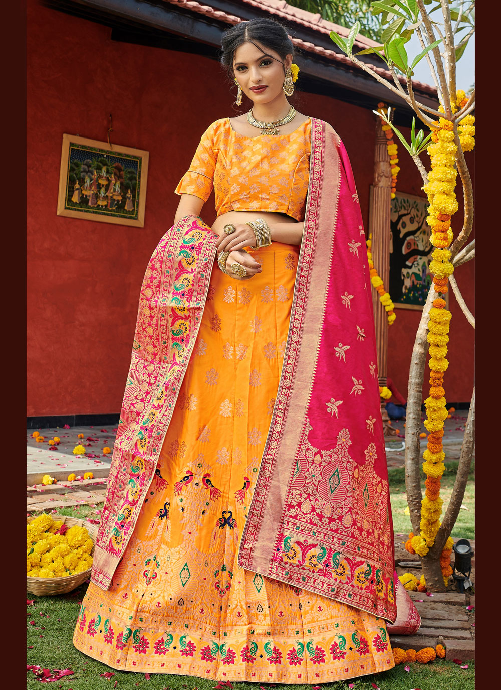 yellow bandhani lehenga