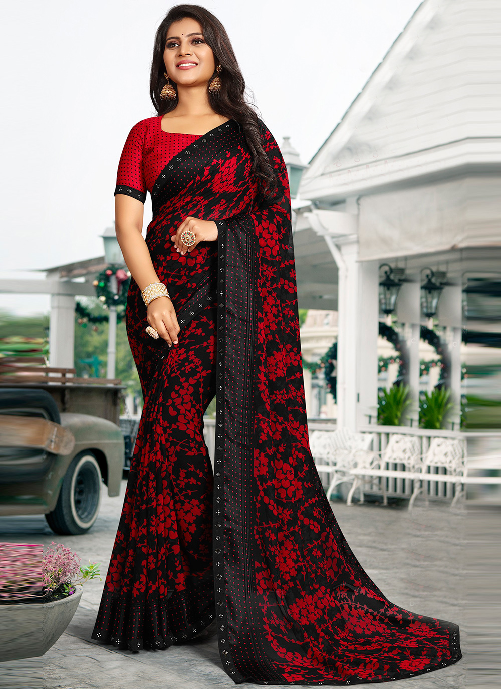 Trendy Red And Black Saree