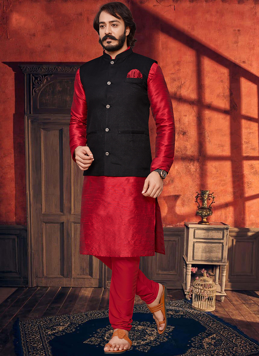 Black Kurta Red Waistcoat Groomsmen Kurta Groomsmen Outfit Kurta Jacket Kurta Waistcoat Wedding Kurta popular Men Kurta Set Kurta Pajama For Men