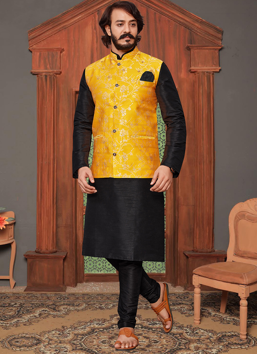 Buy Black and Yellow Festival Kurta Payjama With Jacket : 197611 -