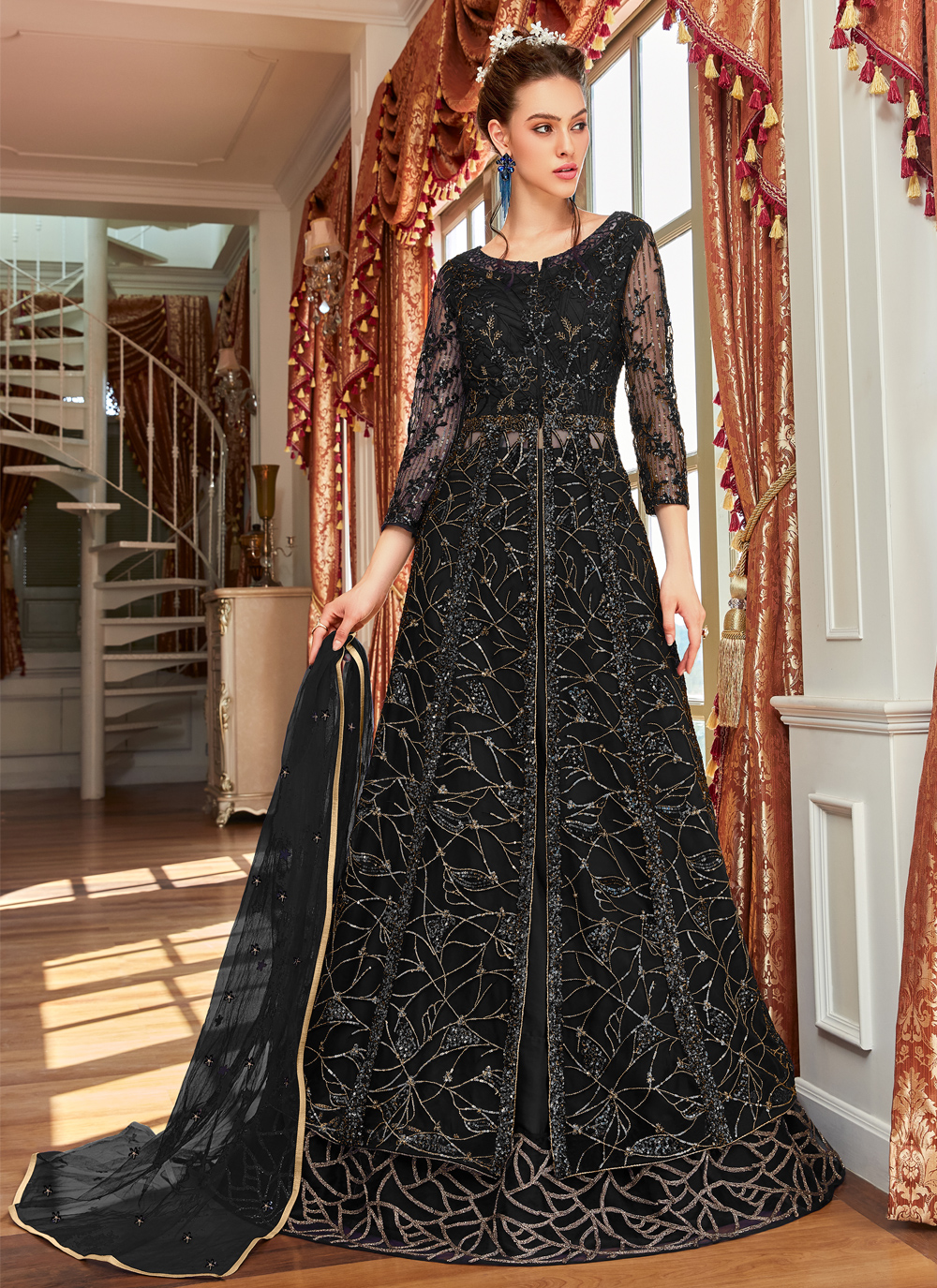 Buy Black Mehndi Net Long Choli Lehenga Online