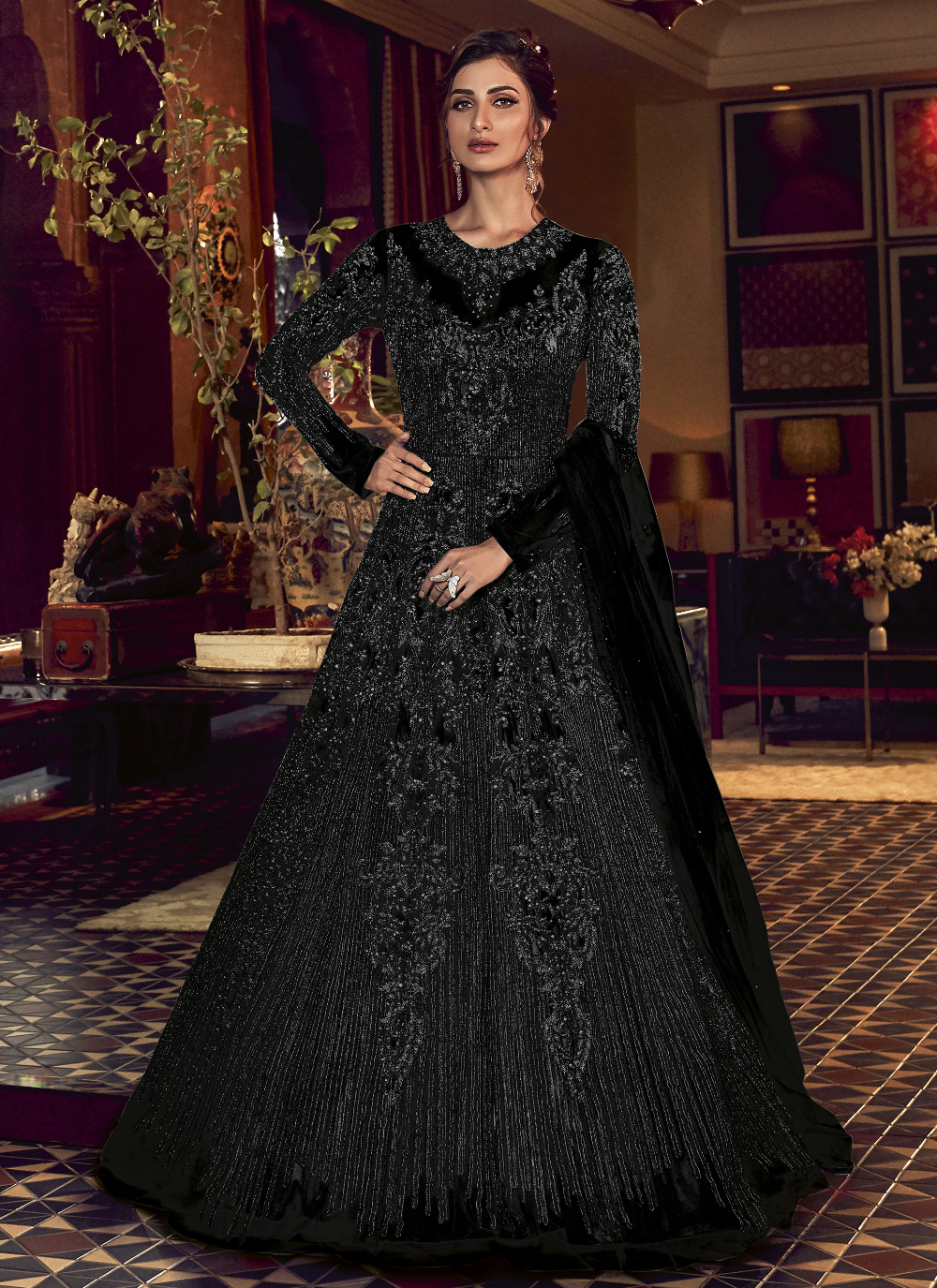 Black Net Engagement Floor Length Anarkali Suit buy online - Wedding Suits