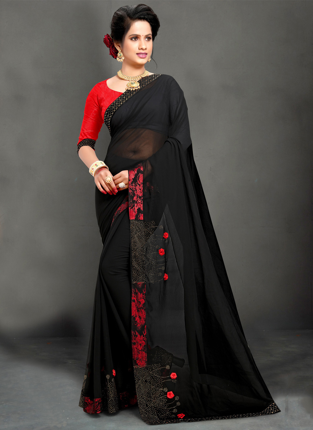 Black Georgette Saree With Stone Embellishment And Embroidery at Soch