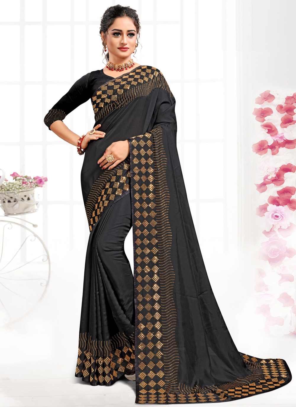 Shop Online Black Swarovski Satin Contemporary Saree : 171843