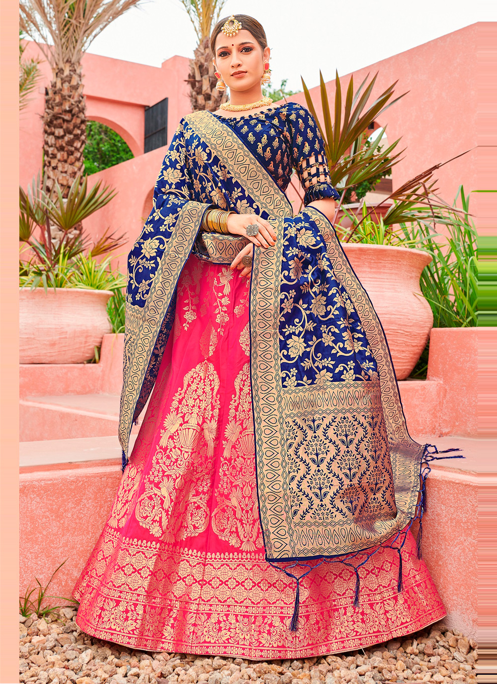 Buy Banarasi Silk Blue and Pink Resham Work Designer Lehenga Choli Online -