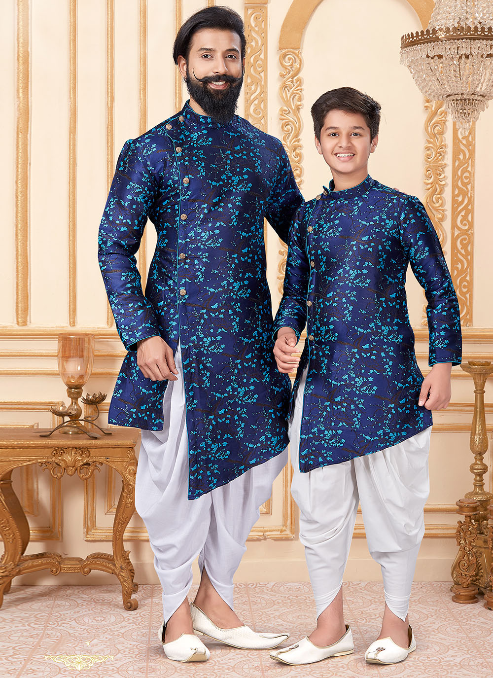 INDOPEHANAWA Indian Ethnic shops Designer Angrakha indo western Style Traditional Partywear Blue Kurta Pajama For Men With Harem