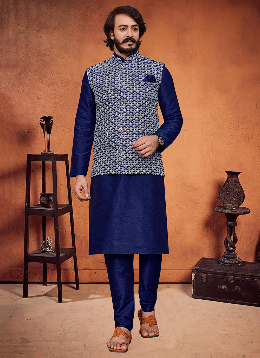 Buy Blue Art Silk Party Kurta Payjama With Jacket Online Kurta Pajama