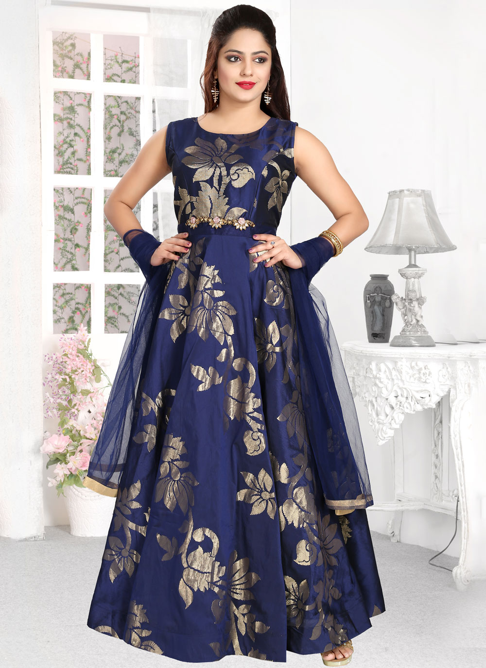 Buy Brocade Blue Fancy Designer Floor Length Suit : 205095