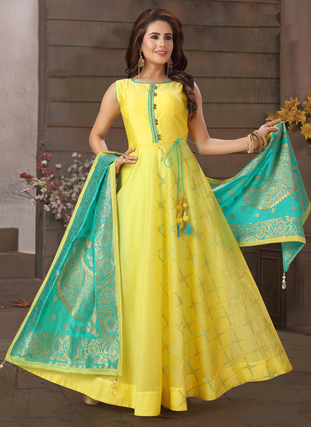 Shop Chanderi Yellow Readymade Suit Online : 178908