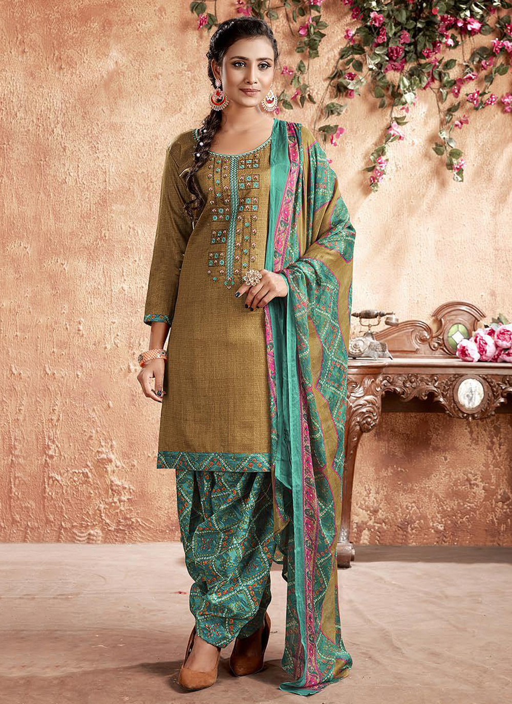 Buy Cotton Embroidered Designer Patiala Suit Online