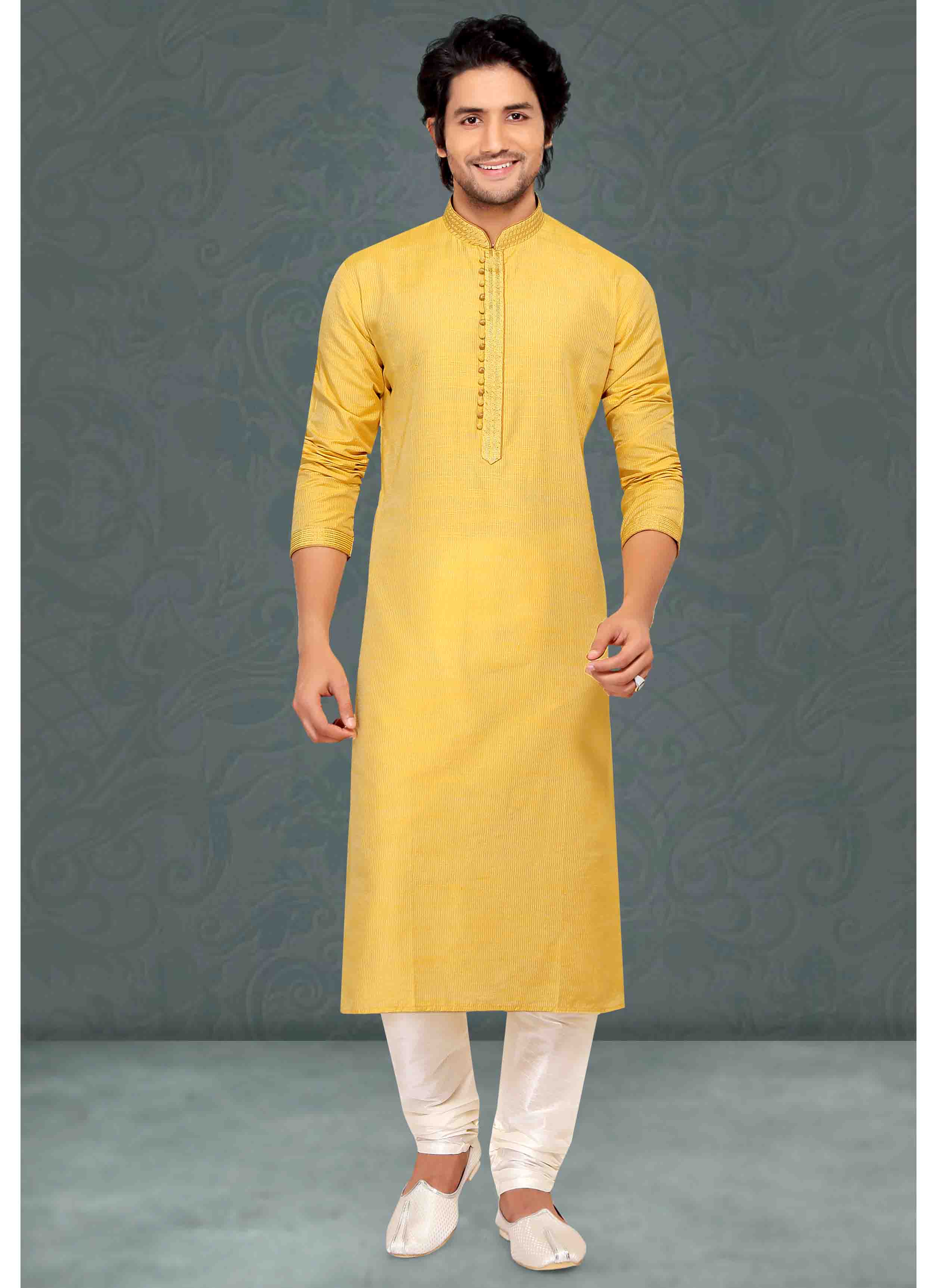 Shop Cotton Kurta Pyjama in Yellow Online : 183624