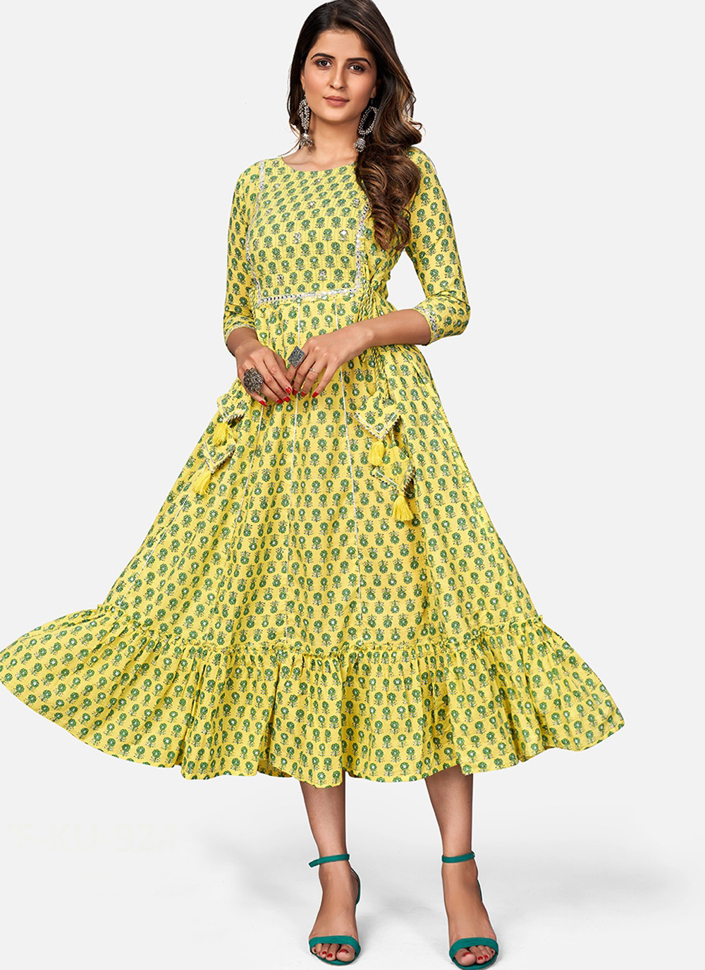 Shop Online Cotton Print Party Wear Kurti in Yellow 189983