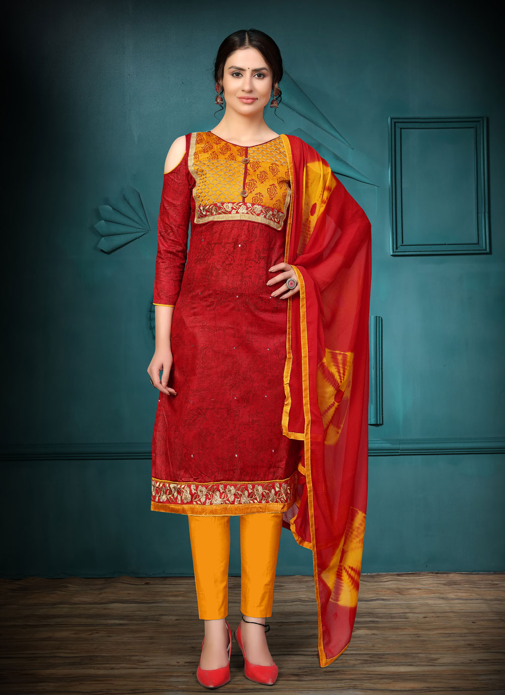 Shop Online Cotton Red Churidar Salwar Suit 184714 9977