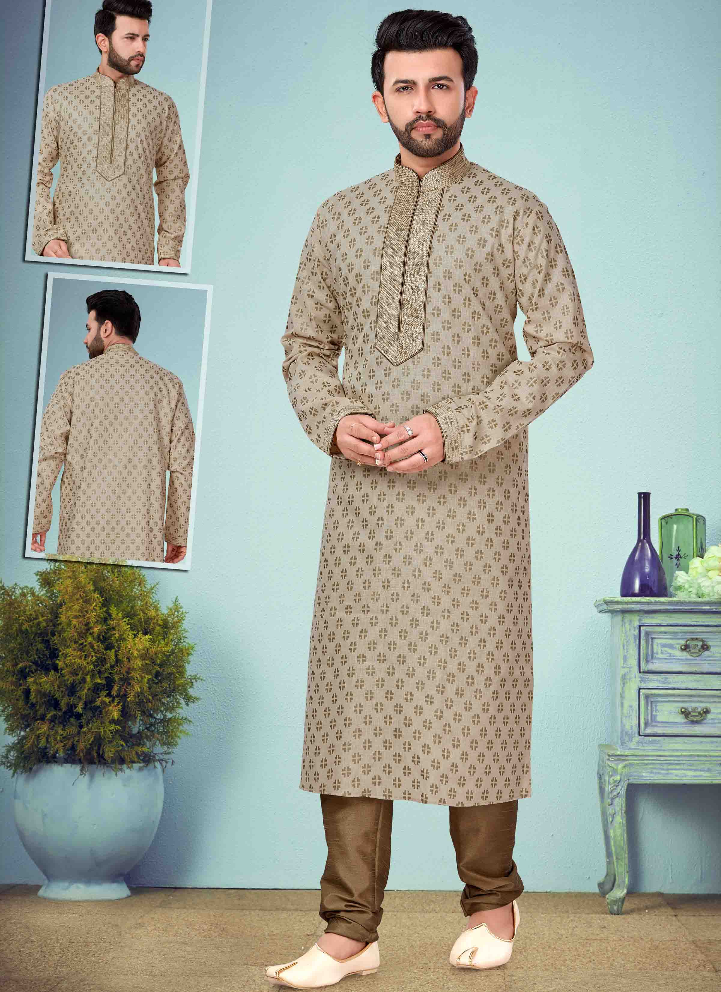 Buy Online Cotton Silk Embroidered Cream Kurta Pyjama : 179316