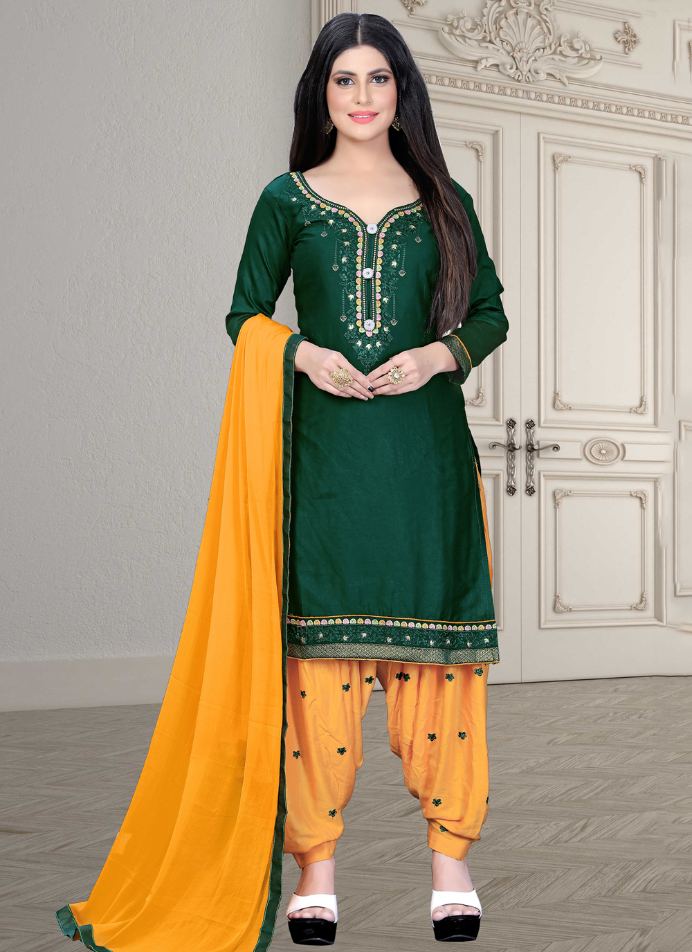 Shop Cotton Silk Green Embroidered Patiala Salwar Kameez Online ...