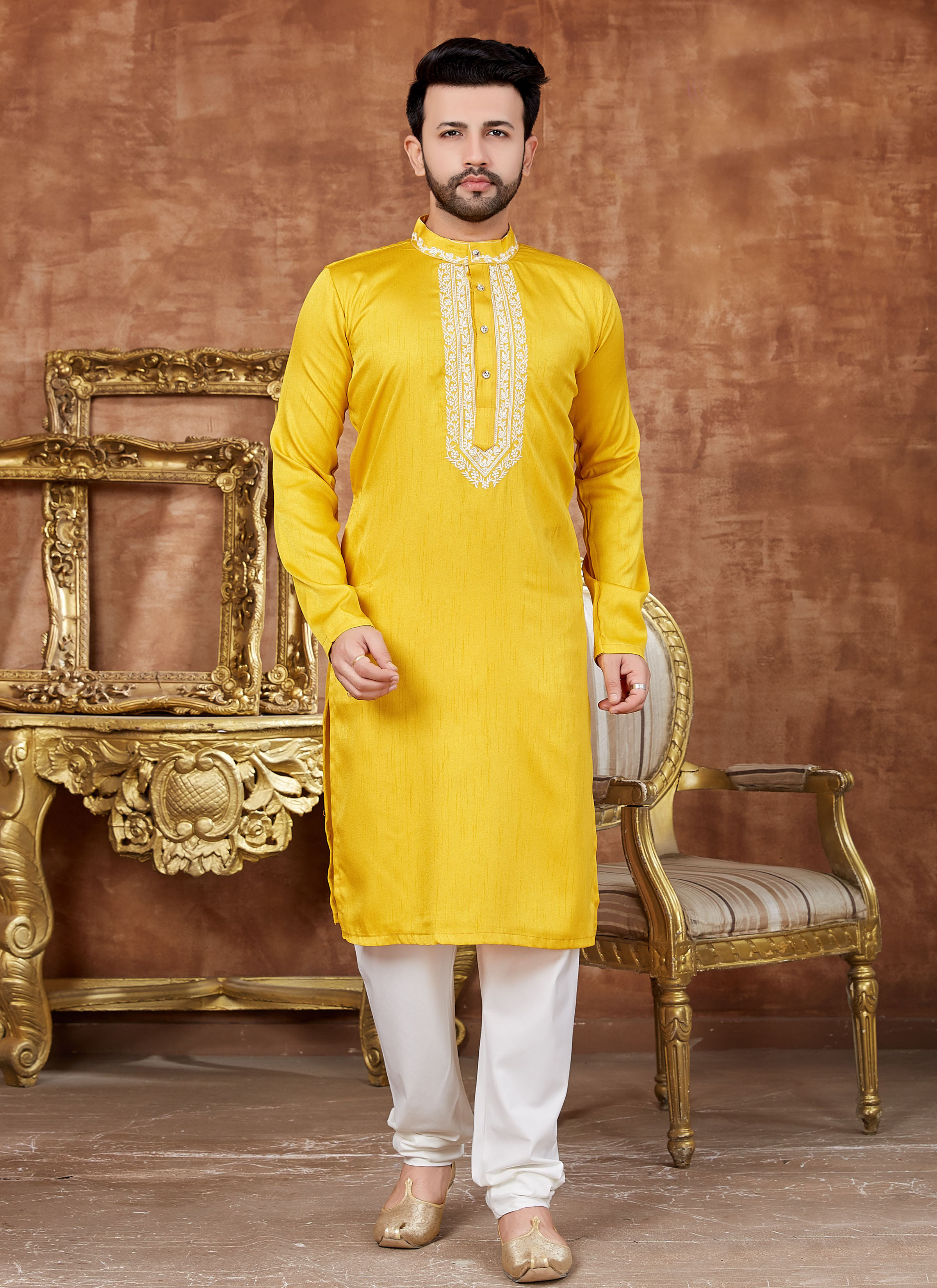 Embroidered art silk kurta pyjama in yellow buy online Embroidered art silk kurta pyjama in yellow buy online
