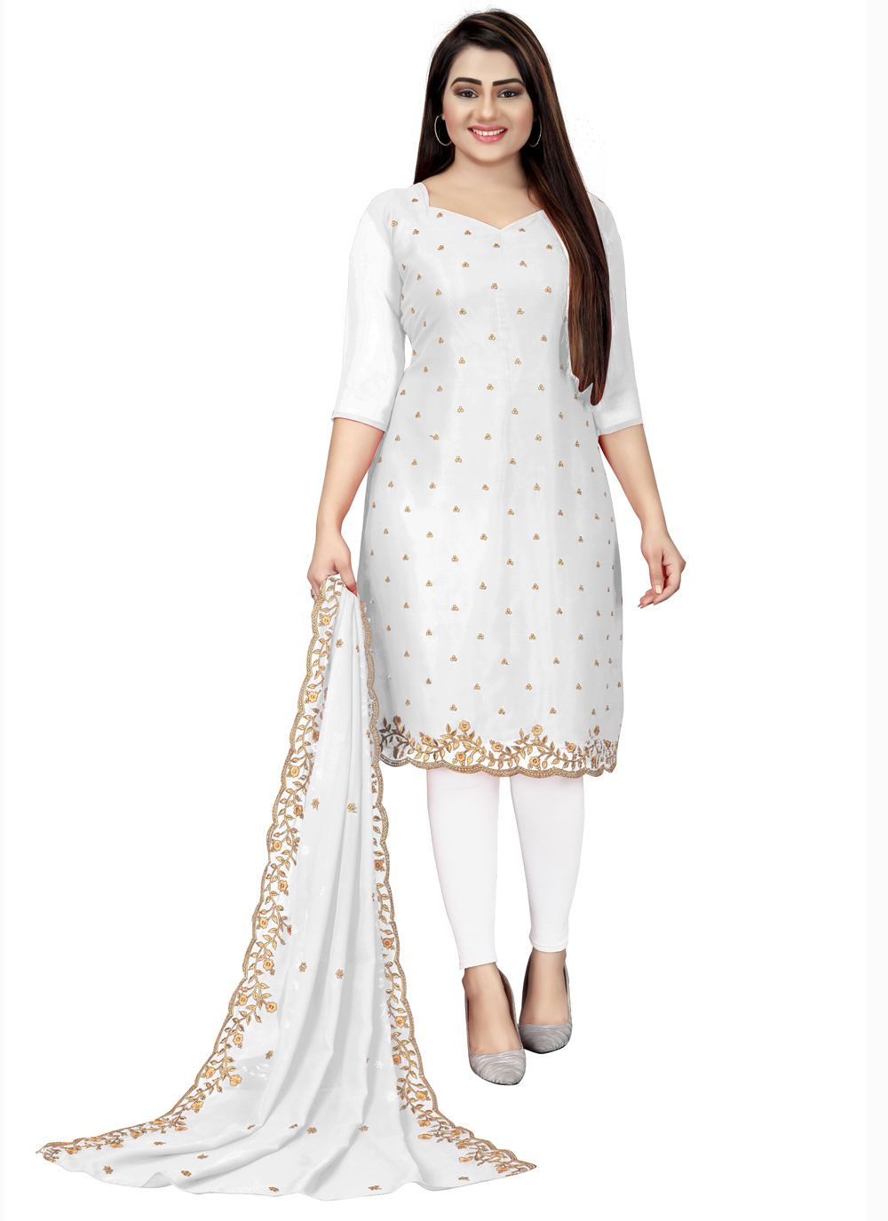 ANNI DESIGNER Women's White Color Slub Cotton Embroidered Churidar Dress  Material(Dhadak 4009_White_Free Size) : : Fashion