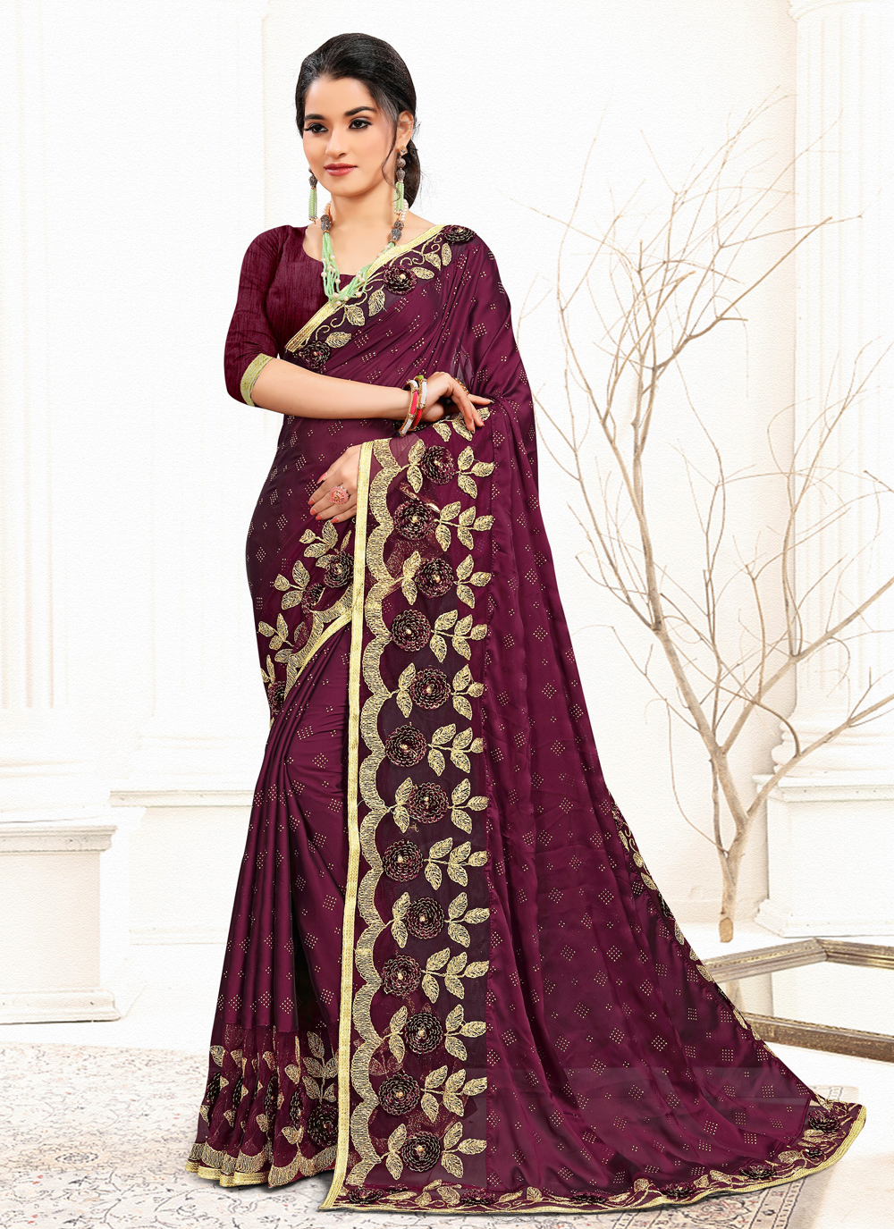 Buy Embroidered Wine Designer Traditional Saree Online