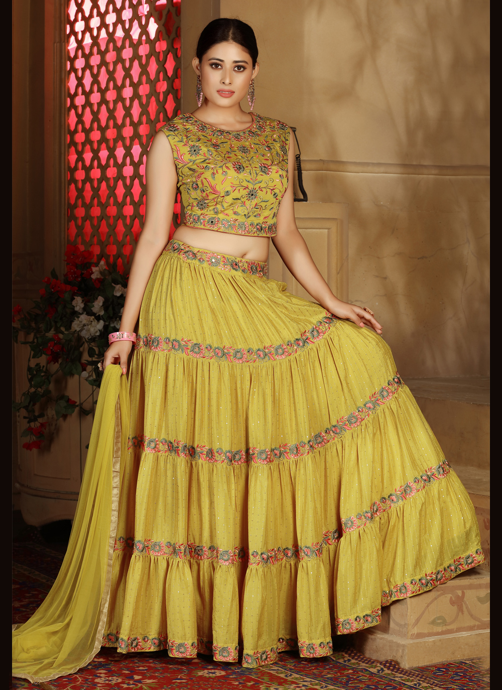 fancy aqua blue and mustard faux chiffon readymade lehenga choli 174011