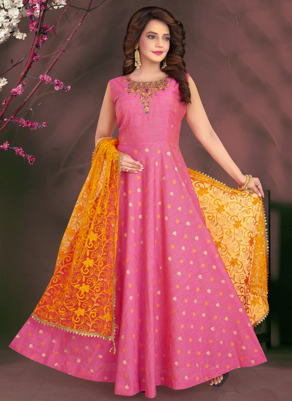 Buy Fancy Chanderi Pink Readymade Suit Online : 178463