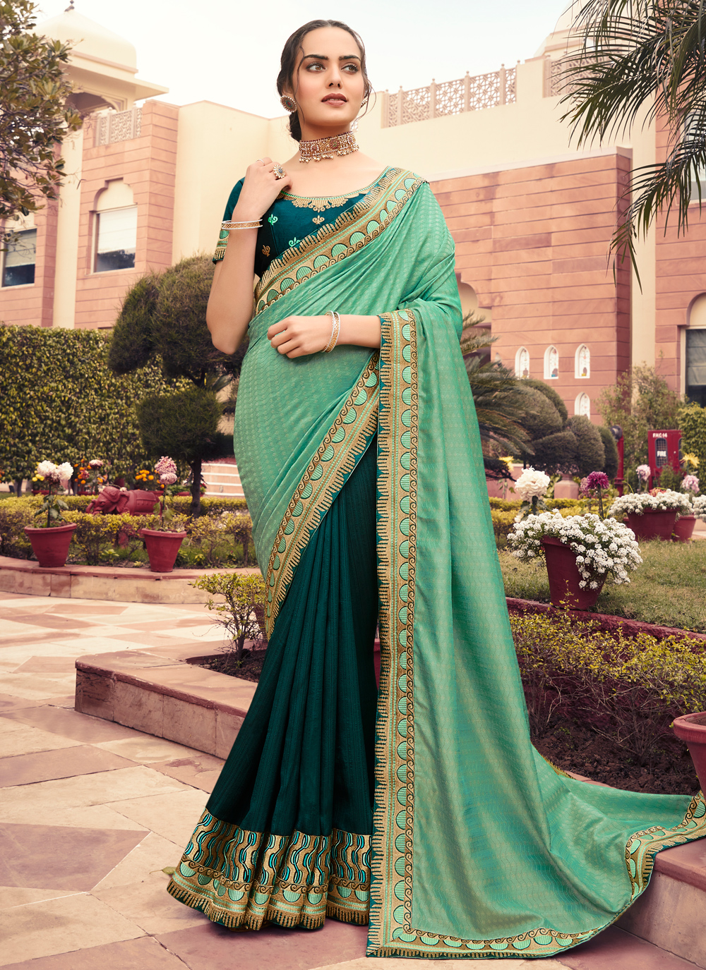 Fancy Fabric Green and Sea Green Embroidered Designer Half N Half Saree