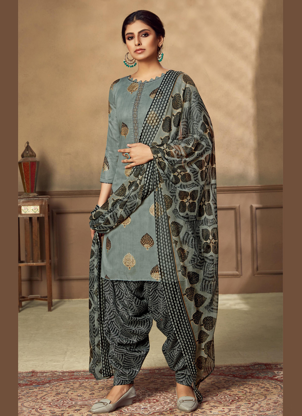 Grey And Blue Cotton Salwar Suit Fabric with 2 tops – Samvita