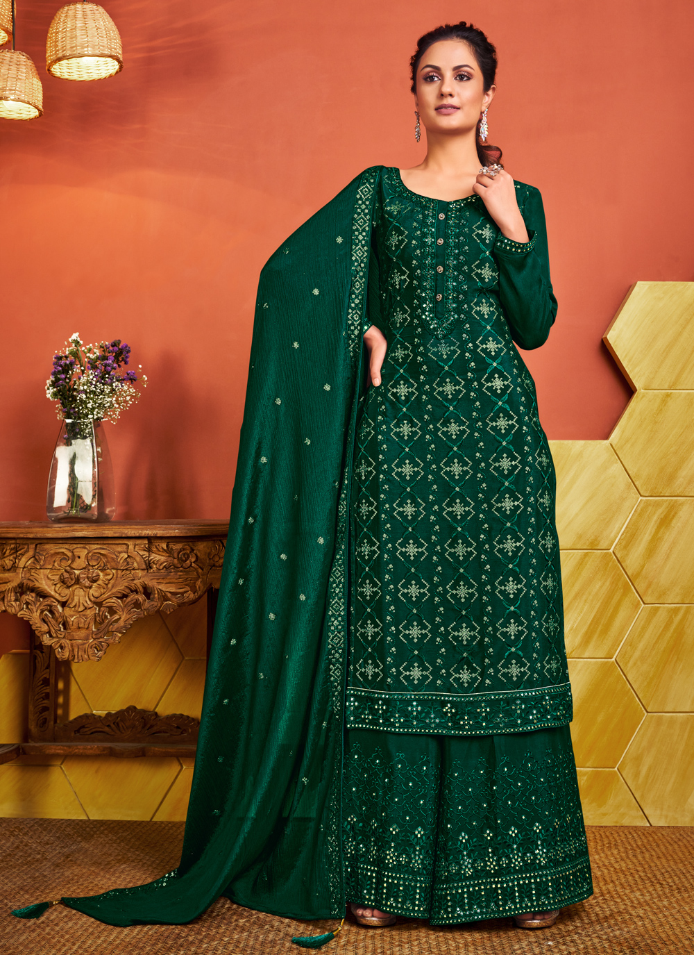 Buy Faux Chiffon Green Fancy Designer Palazzo Salwar Suit Online