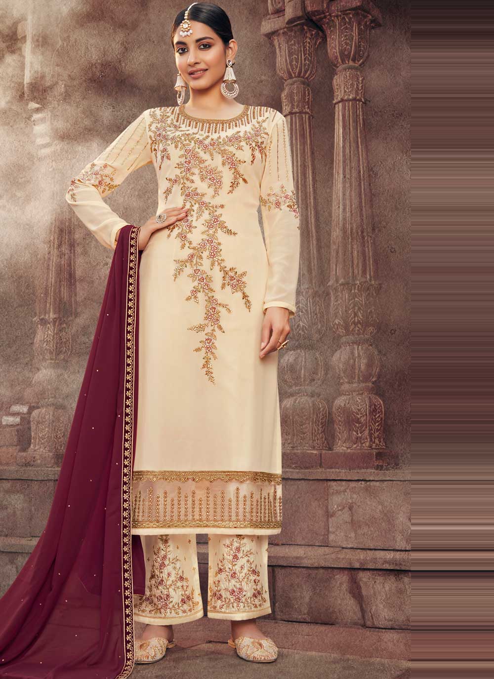 off white and maroon pakistani dress