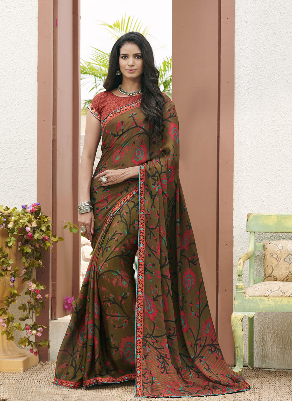 Multicolor faux georgette printed daily wear saree with unstitched blouse