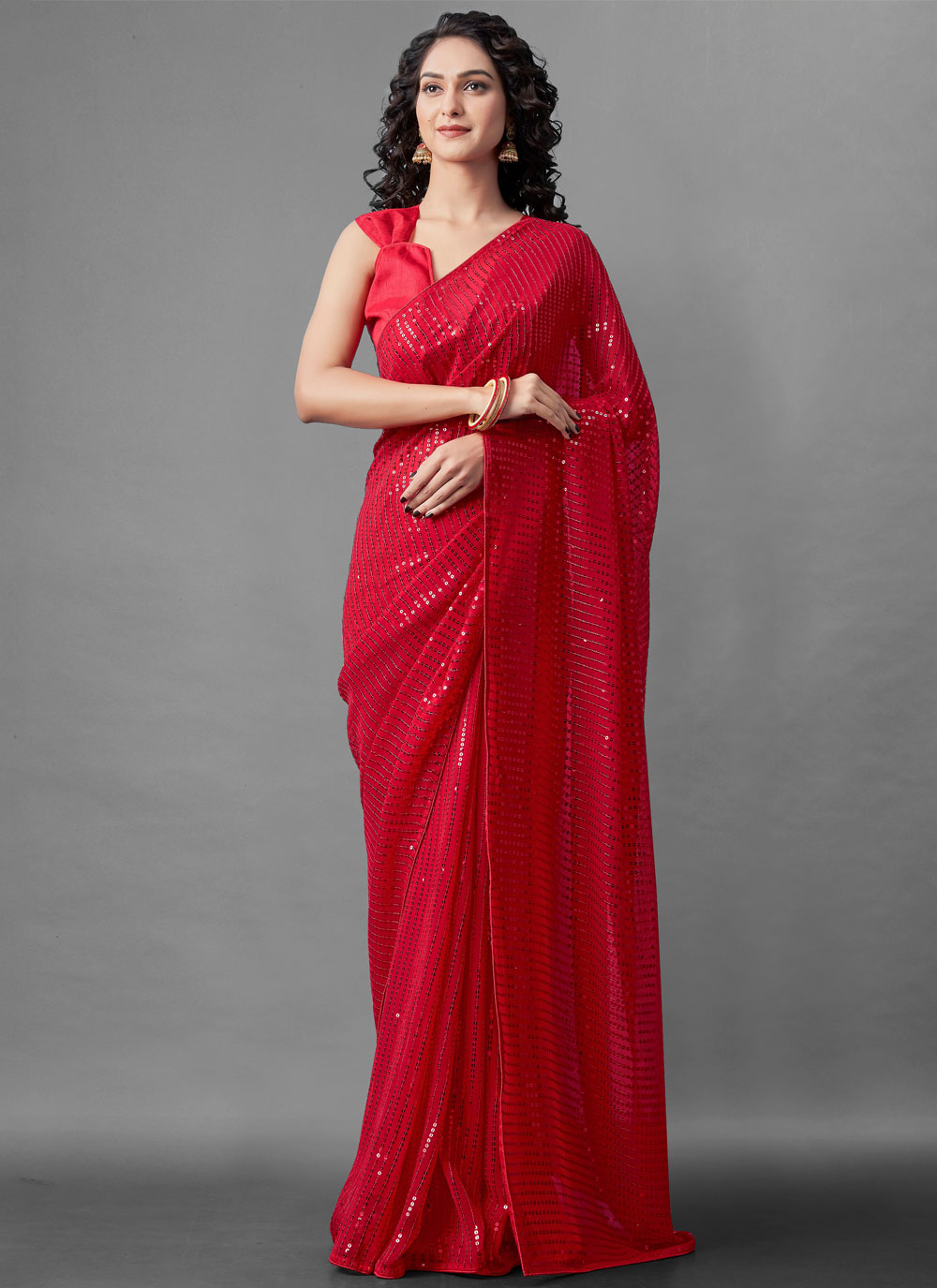 Red Pure Georgette Sequined Saree – Shopaholics Choice