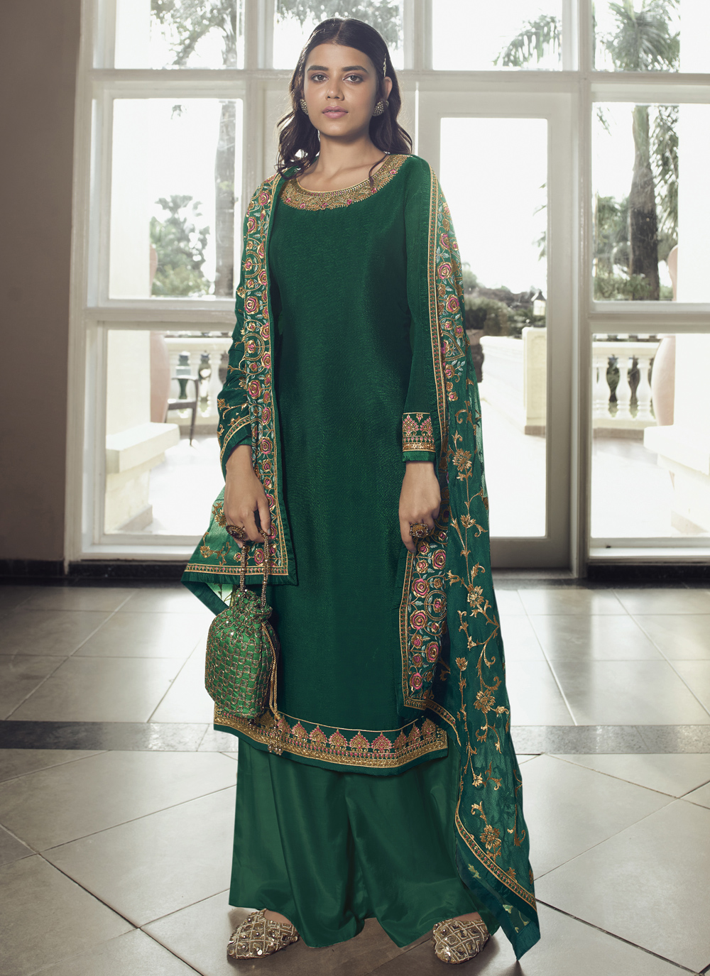 Buy Online Green Faux Chiffon Embroidered Designer Pakistani Suit 181499